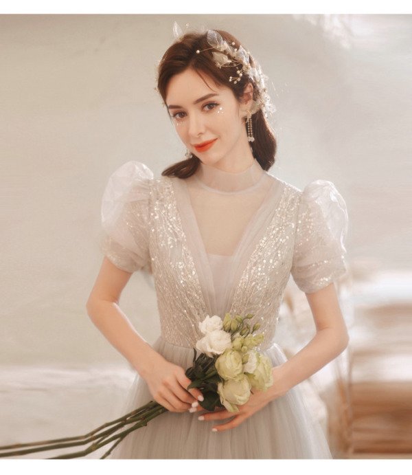 Light Grey Prom Dress High Neck A Line V Neck Formal Dress - Image 7