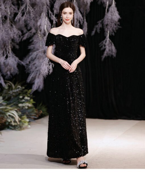 off the shoulder black evening dress 1270-004