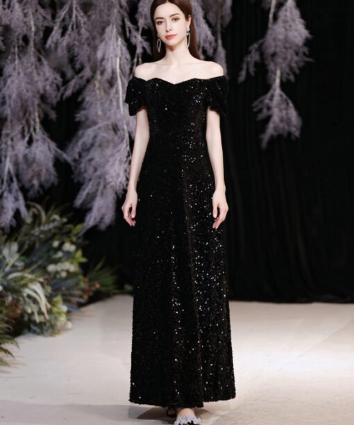 off the shoulder black evening dress 1270-006