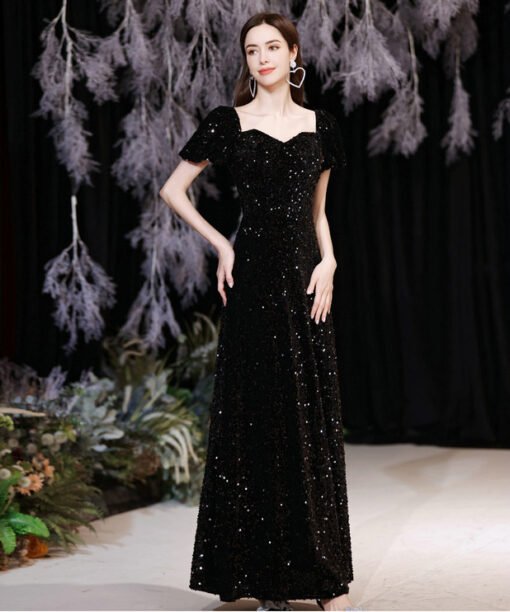 off the shoulder black evening dress 1270-007