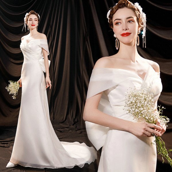 Off The Shoulder Mermaid Wedding Dress With Train For Sale - Image 4