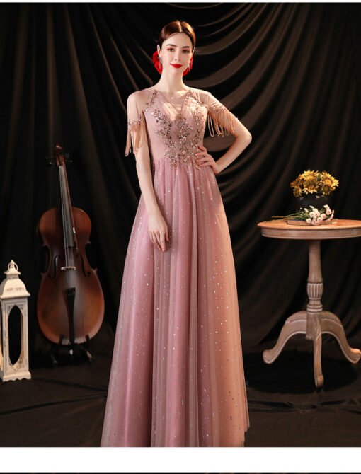 Pink Prom Dress Long V Neck A Line Evening Dress For Sale - Image 5
