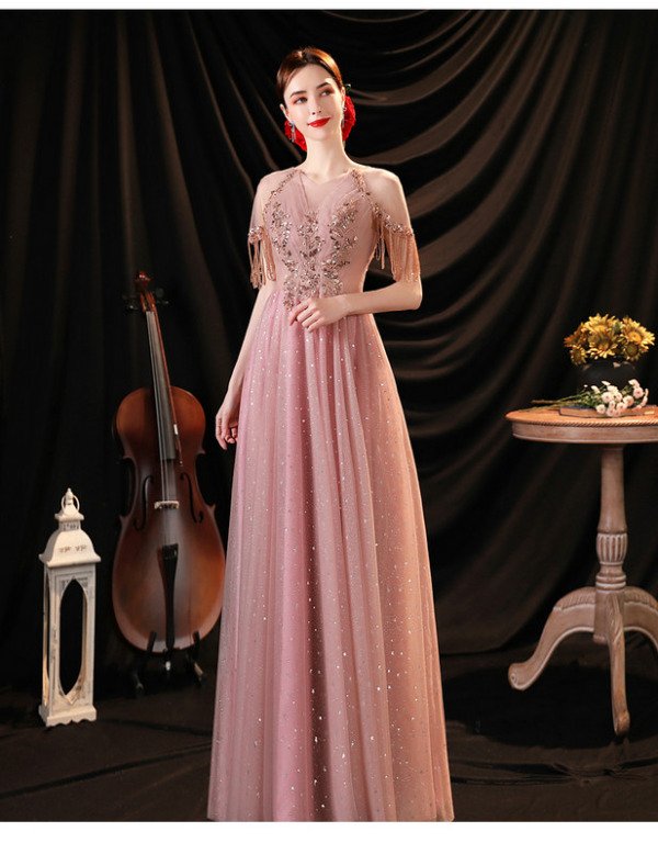 Pink Prom Dress Long V Neck A Line Evening Dress For Sale - Image 3
