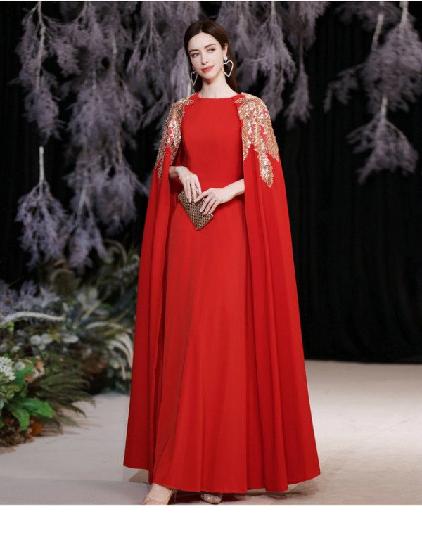 Red Dress With Cape Satin A Line Gold Lace Evening Dress