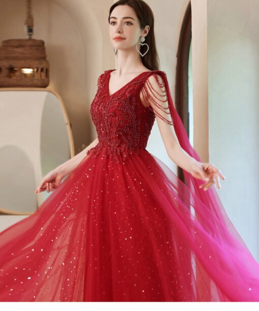 red prom dress with cape 1249-002