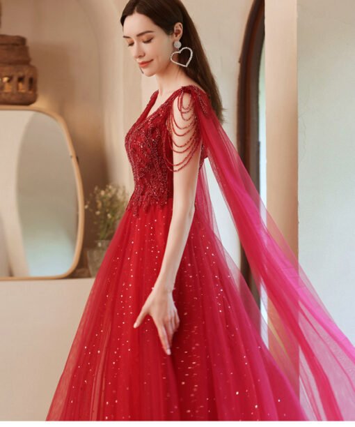 red prom dress with cape 1249-003