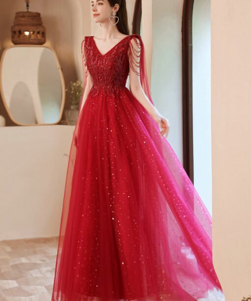 red prom dress with cape 1249-005