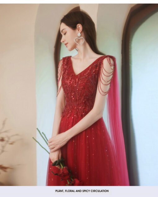 Red Prom Dress With Cape A Line Long Evening Dress Wholesale - Image 3