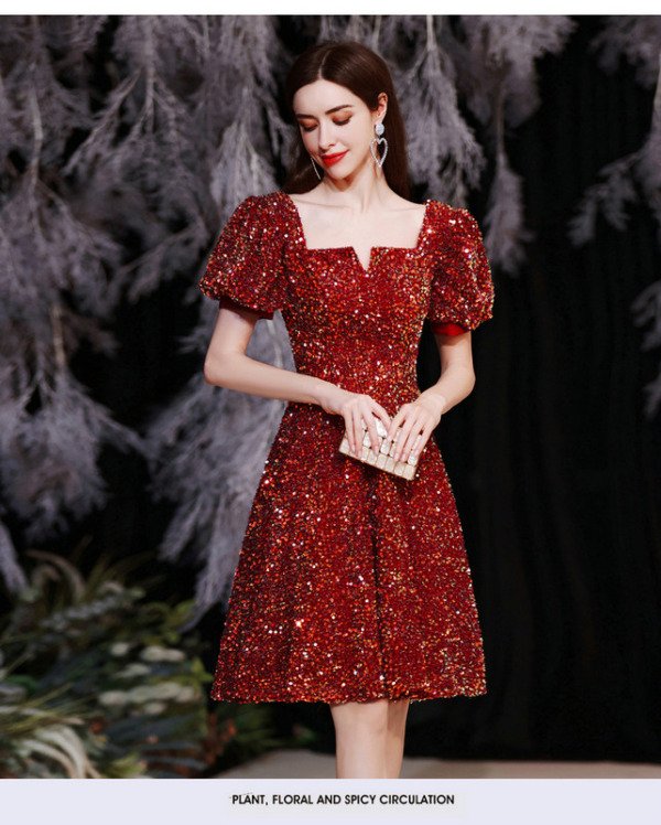 Red Sequin Cocktail Dress Short Sleeve Above Knee Short Prom Dress - Image 5