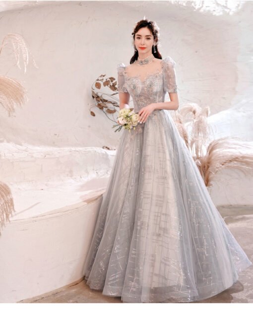 Silver Formal Dress High Neck Ball Gown Bling Prom Dress For Sale - Image 5