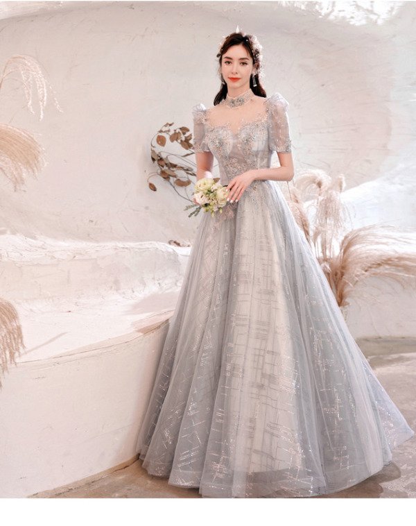 Silver Formal Dress High Neck Ball Gown Bling Prom Dress For Sale - Image 5