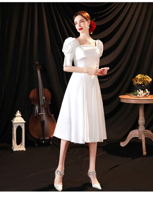 White Satin Cocktail Dress A Line Short Prom Dress For Sale - Image 4