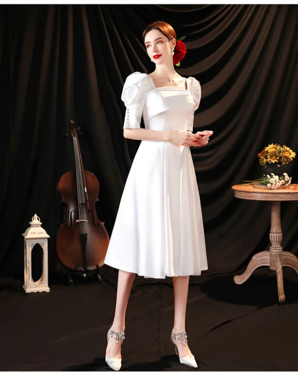White Satin Cocktail Dress A Line Short Prom Dress For Sale - Image 4