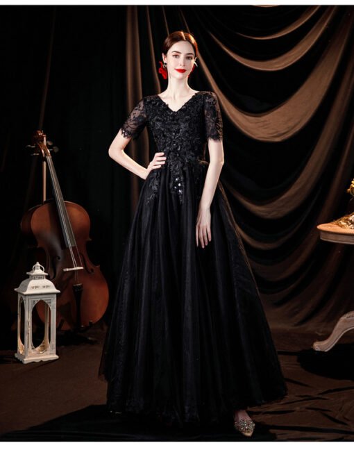 Black Evening Dress Plus Size A Line Lace Long Prom Dress - Image 4