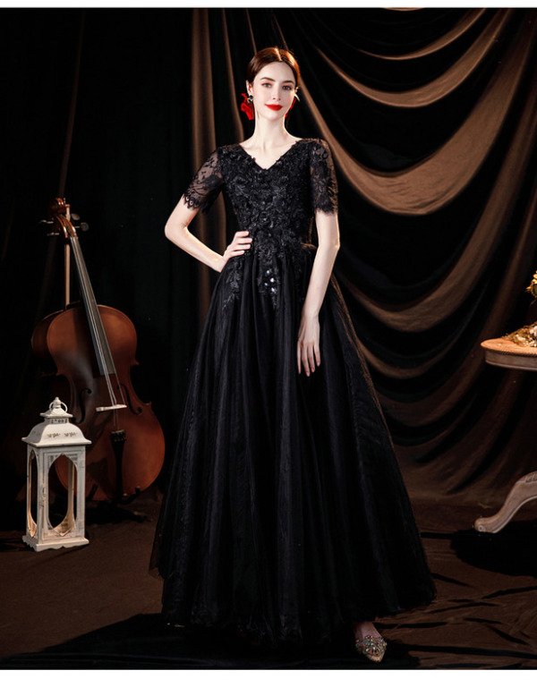 Black Evening Dress Plus Size A Line Lace Long Prom Dress - Image 4