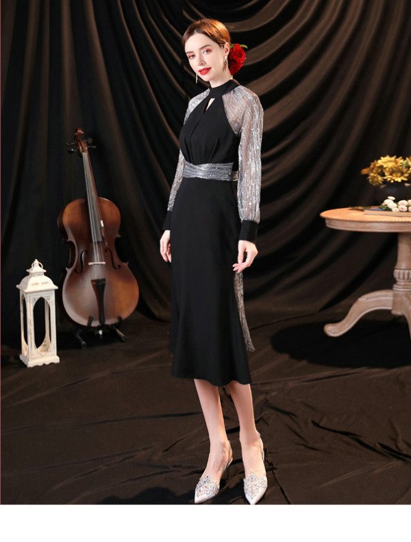 Black Long Sleeve Cocktail Dress Mermaid Knee Length Party Dress - Image 3