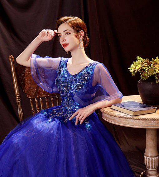 Dark Blue Prom Dress V Neck Ball Gown Embroidery Short Sleeve Quinceanera Dress - Image 3