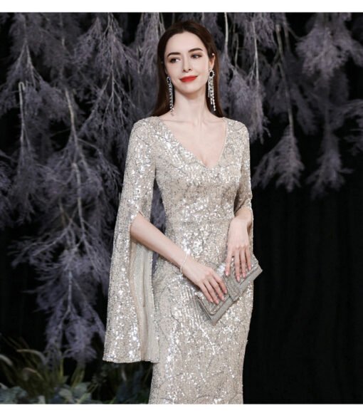 Evening Gowns With Cape V Neck Long Sleeve Mermaid Prom Dress - Image 4