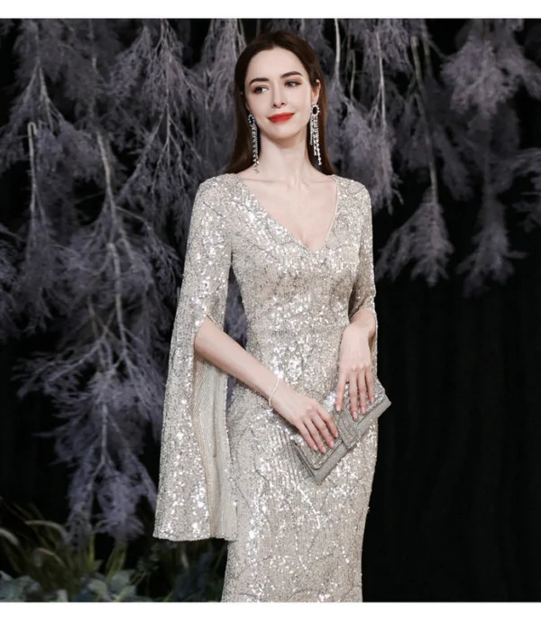 Evening Gowns With Cape V Neck Long Sleeve Mermaid Prom Dress - Image 4