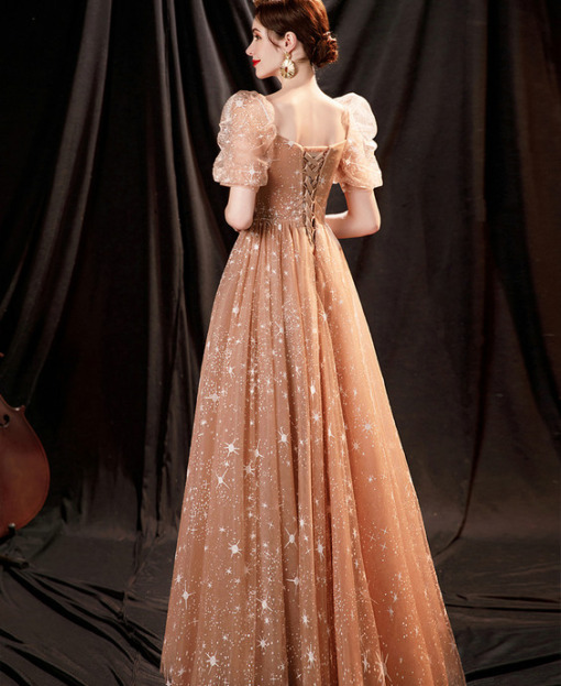 A-line Sweethart Neck Dress with Train Gold Plus Size