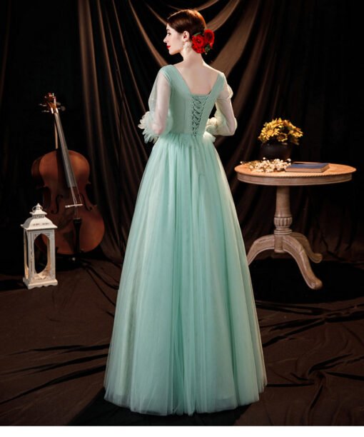 long sleeve green prom dress 1299-004