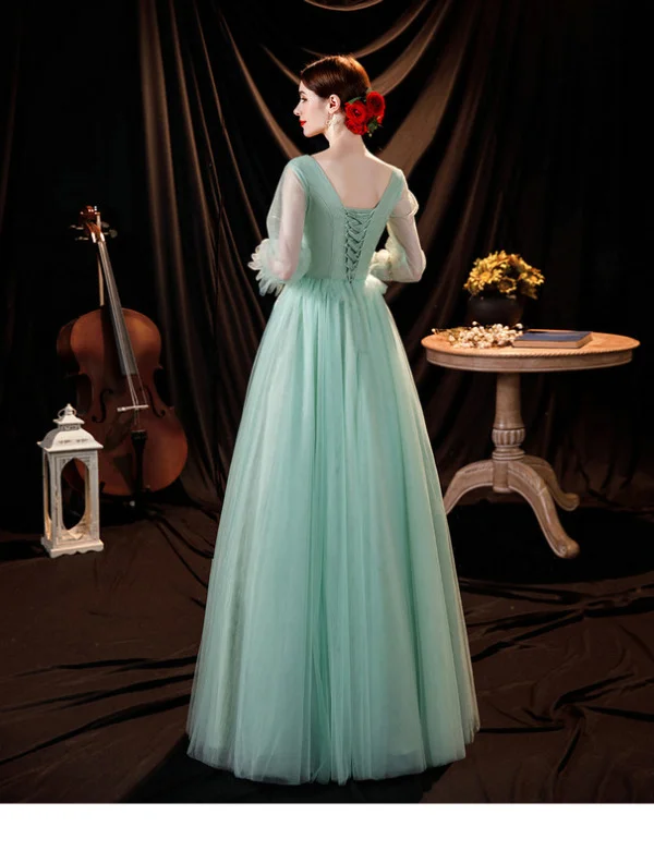 long sleeve green prom dress 1299-004