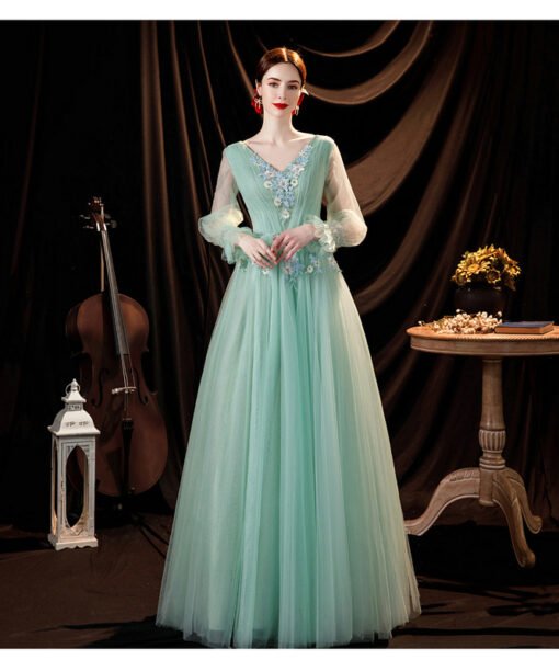 long sleeve green prom dress 1299-005