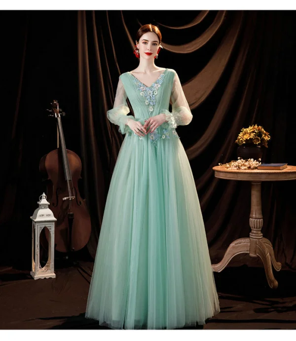 long sleeve green prom dress 1299-005
