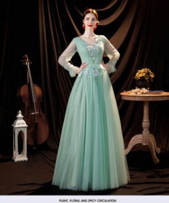 long sleeve green prom dress 1299-006