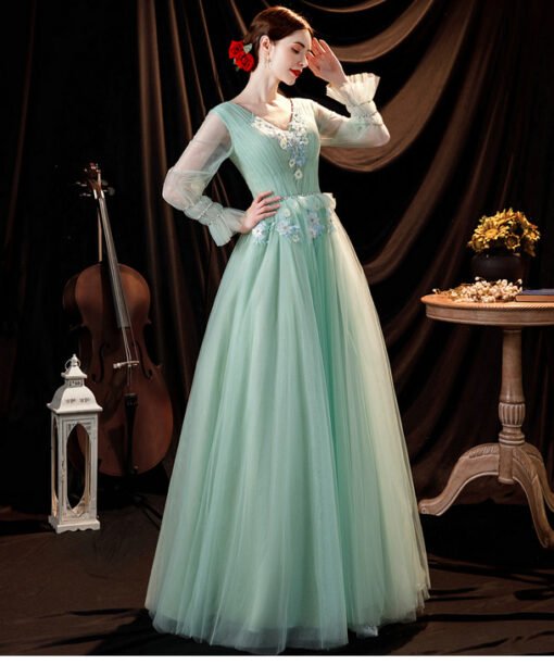 long sleeve green prom dress 1299-008