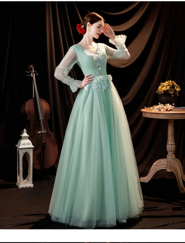 long sleeve green prom dress 1299-008