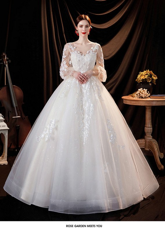 Long Sleeve Lace Wedding Dress V Neck Ball Gown Cheap Bridal Gown