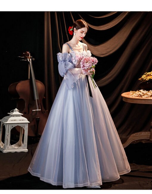 Long Sleeve Quinceanera Dress Strap Ball Gown Grey Prom Dress - Image 5