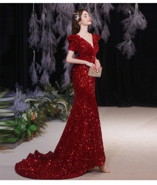 Red Sequin Prom Dress V Neck Short Sleeve Mermaid Evening Dress With Train - Image 6