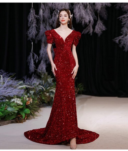 Red Sequin Prom Dress V Neck Short Sleeve Mermaid Evening Dress With Train - Image 5