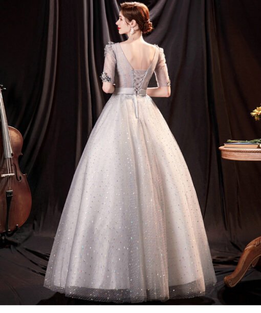 Alternative view of Silver Prom Dress V Neck Half Sleeve Ball Gown Embroidery Quinceanera