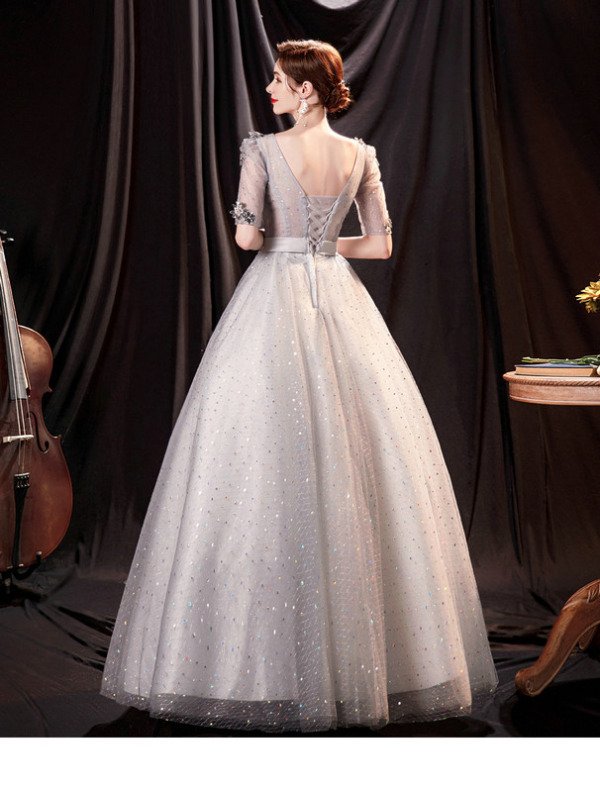 Silver Prom Dress V Neck Half Sleeve Ball Gown Embroidery Quinceanera - Image 2