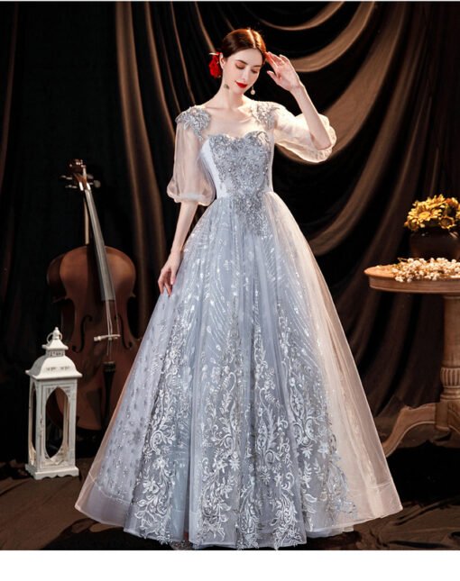 Silver Quinceanera Dresses Long Sleeve Lace Ball Gown Prom Dress - Image 3