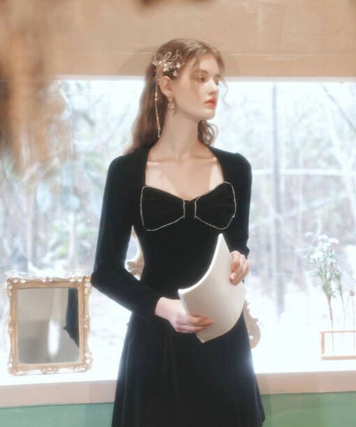 black cocktail dress long sleeve 1302-004