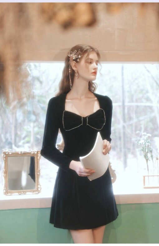 black cocktail dress long sleeve 1302-004