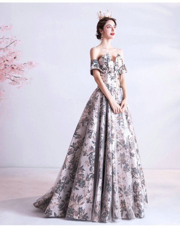 Floral Formal Dress Off The Shoulder Strapless Print Prom Dress For Sale - Image 4