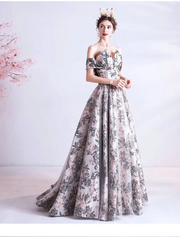 Floral Formal Dress Off The Shoulder Strapless Print Prom Dress For Sale