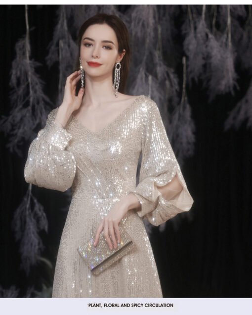 Silver Sequin Dress V Neck Puff Long Sleeve A Line Evening Formal Dress - Image 4