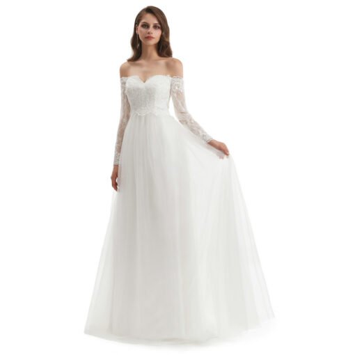 Long Sleeve Simple Wedding Dress Off The Shoulder Neckline - Image 4