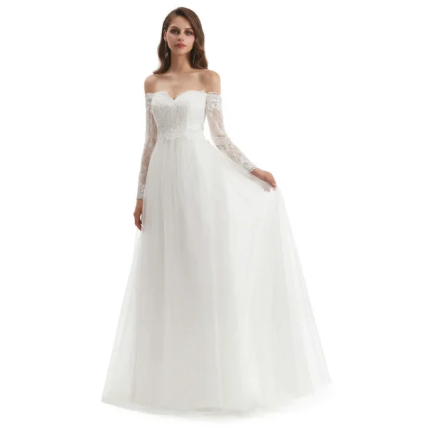 Long Sleeve Simple Wedding Dress Off The Shoulder Neckline - Image 4