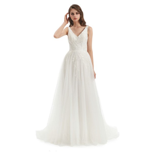 Off White Wedding Dress V Neck A Line Sleeveless Bridal Dress - Image 5