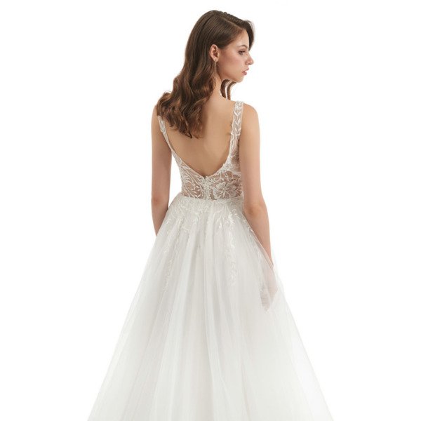 Off White Wedding Dress V Neck A Line Sleeveless Bridal Dress - Image 7