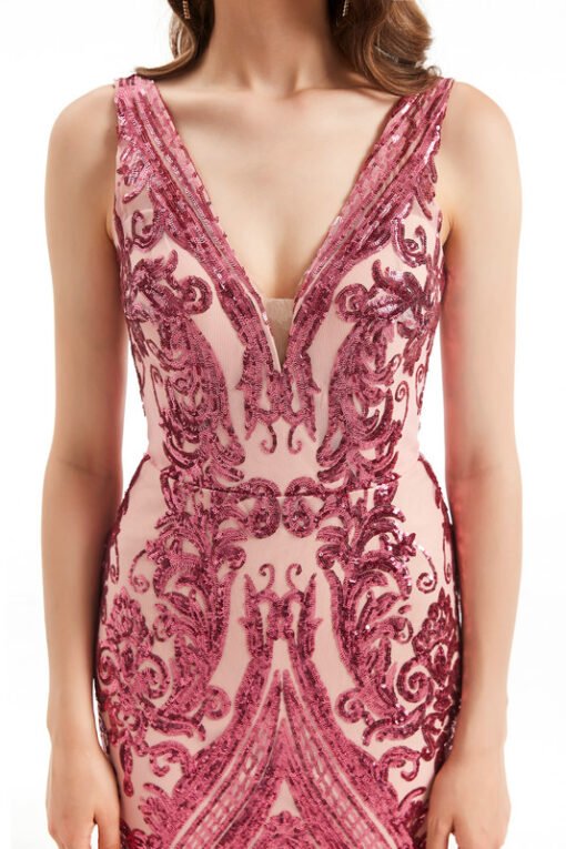 Sequin Dress Long V Neck Pink And Red Mermaid Prom Dress - Image 5