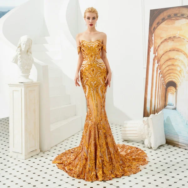 Gold Prom Dress,Mermaid Prom Dress,Off Shoulder Prom Dress,Tight Prom Dress with Slit main image 1