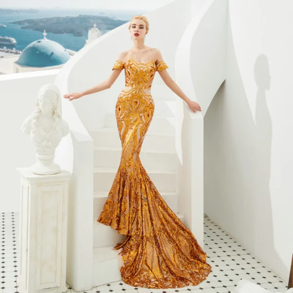 Off The Shoulder Gold Mermaid Prom Dress Sparkle Graduation Dress 22nd Birthday Outfit main image 0